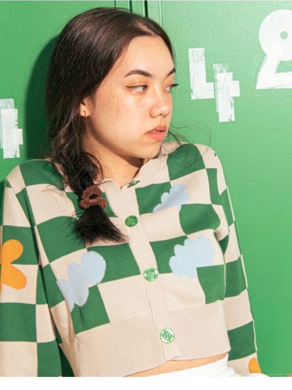 Inci Knit Green and Cream Check Floral Cropped Cardigan